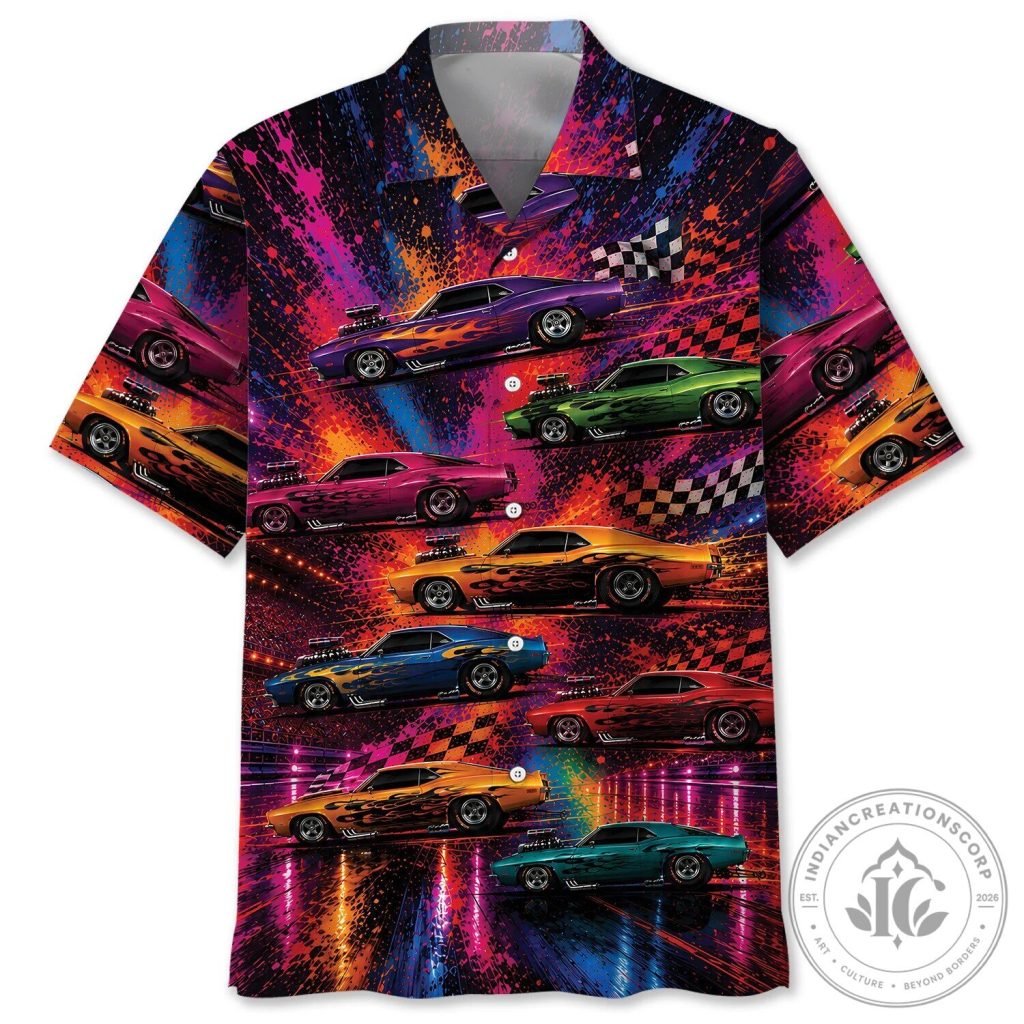 Vintage Drag Racing Muscle Cars Colorful Hawaiian Shirt for Men