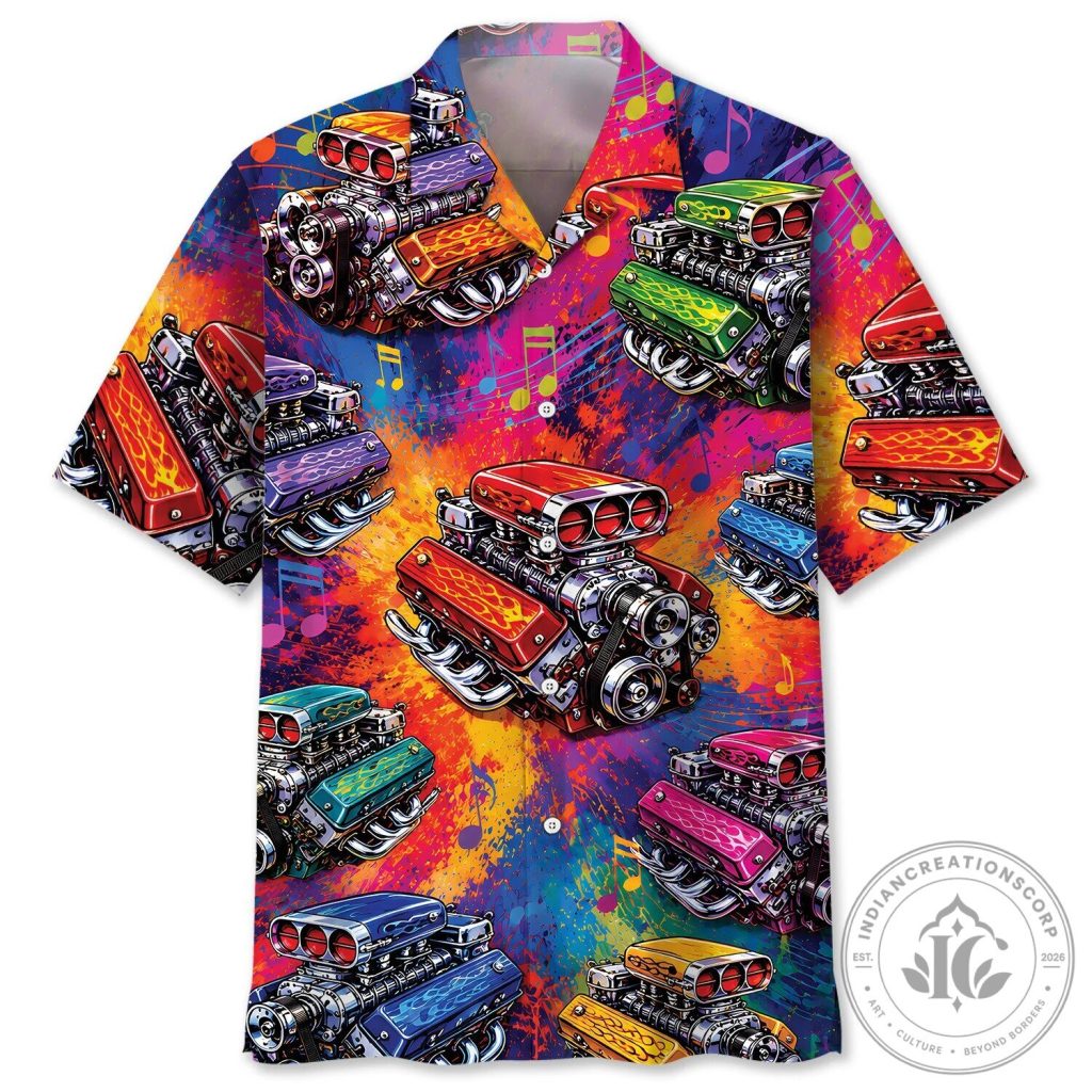 Colorful Hot Rod Engine Block Vintage Art Hawaiian Shirt